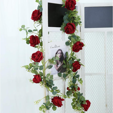 6.56FT Artificial Eucalyptus Garland with 12 Burgundy Roses Faux Greenery Garland Rose Vine for Halloween Christmas Wedding Backdrop Table Runner DIY Wreath Wall Decor