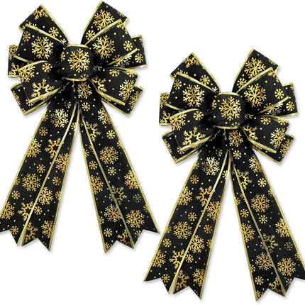 Whaline 2 Pack Christmas Wreath Bow Black Gold Snowflake Burlap Bow Xmas Decorative Tree Topper Ornaments Bow for Winter Indoor Outdoor Home Party Decor, 19.7 x 11.4 Inch