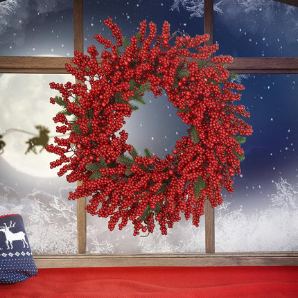 Christmas Wreath Front Door 24 Inch Artificial Christmas Wreath, with Pine Needles, Red Berries Create a Warm Holiday Ambiance, for Decor Indoor/Outdoor Christmas Decorations