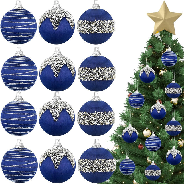 Shappy 12 Pcs Christmas Balls Silk Satin Luxury Christmas Tree Ornaments Vintage Hanging Christmas Decor for Xmas Home Decorations Holiday Wedding Party Garland Wreath, 3.15 Inch(Navy Blue)