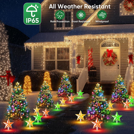 Outdoor Christmas Decorations: 2 Pack 30In Artificial Solar Christmas Tree Lights with 33 LED, 3 Star Stake Lights, 8 Modes Solar Christmas Lights Outdoor Waterproof for Yard, Pathway, Grave Decor