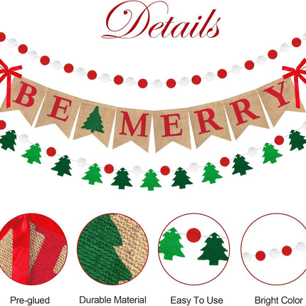 Amandir Merry Christmas Banner Burlap, Be Merry Banner Felt Ball Christmas Tree Pom Pom Garland Happy Holidays Banner for Mantle Fireplace Christmas Xmas Party Holiday Decorations Home Indoor Outdoor