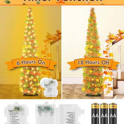 5FT Fall Pop Up Tree with 60 Lights, Lighted Fall Artificial Tinsel Maple Trees, Battery Operated with Timer Collapsible Tinel Maple Tree Fall Harvest Thanksgiving Porch Home Party Decor