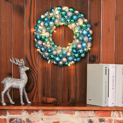 Amooca 16in Christmas Ball Wreath with LED Lights Front Door Window Decorative Hanging Ornaments Table Centerpiece Holiday Party Home Decoration Blue Silver