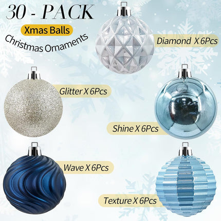 Christmas Ornaments Decorations 30ct Xmas Tree Balls Baubles Sets Decor, Shatterproof, Blue & Silver(2.36in)