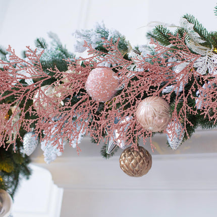 Winlyn 15 Pcs Christmas Artificial Cedar Sprays Rose Gold Glittered Faux Cedar Stems Christmas Tree Ornament Picks 14.4" for Rose Gold Christmas Tree Wreath Wedding Holiday Centerpiece DIY Project