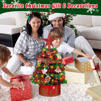 Tabletop Christmas Tree 24-inch Mini Christmas Tree with Red Cardinals Birds & LED String Lights, Star Treetop, Hanging Ornaments, Tabletop Small Xmas Tree for Holiday Indoor DIY Christmas Decor Green