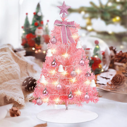 Mini Christmas Tree,24 in/60CM Artificial Small Christmas Tree with Led Lights/Ornaments, Tabletop Christmas Tree for Kids Christmas Decoration s(Pink)