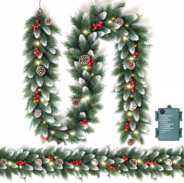 9FT Prelit Christmas Garland with Lights, Battery Operated Lighted Garland with Pine Cones &Red Berries, Snowy Christmas Garland for Mantle, Fireplace Indoor &Outdoor