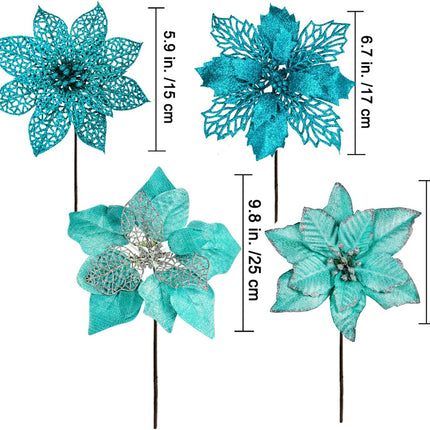 Winlyn 24 Pcs 4 Styles Christmas Teal Blue Metallic Mesh Glitter Artificial Poinsettia Flower Stems Tree Ornaments in Box for Teal Blue Christmas Tree Wreaths Garland Winter Wedding Holiday Decoration