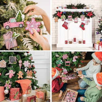 Huwena 40 Pcs Christmas Wooden Ornaments Pink Pastel Christmas Decorations for Xmas Tree Wreaths Gingerbread Gnome Hanging Ornaments Nutcracker Peppermint Candy Wood Cutouts Christmas Decor for Home
