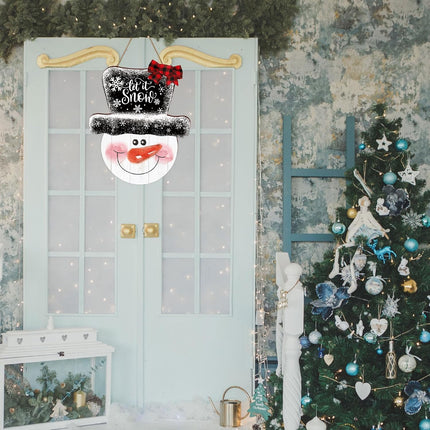 Whaline Christmas Snowman Wooden Hanging Sign Let It Snow Door Hanger Sign Xmas Winter Holiday Welcome Wreath Sign with Buffalo Plaid Bow for Indoor Outdoor Home Farmhouse Wall Window Decor