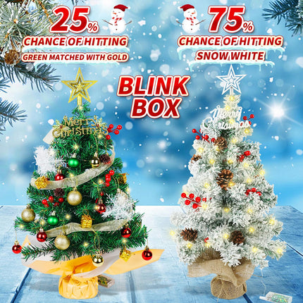 24 Inch/2 FT Mini Christmas Tree Blind Box, Small Tabletop Flocked Tree with LED Lights, Pine Cones, Star Tree Topper, Snow Flocked Artificial Pine Xmas Tree,Mini Box and Cloth Bag Base