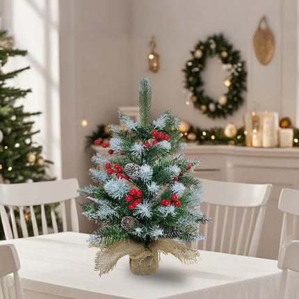 Small Christmas Tree, 22 Inches Artificial Tabletop Christmas Tree with 50 Lights,Snow Flocked Mini Xmas Tree with Pinecones Berries Wood Base for Christmas Decorations Indoor Home Decor