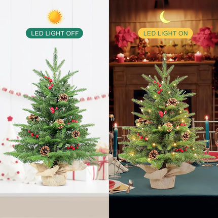Kadunmina 2ft Prelit Table Top Christmas Tree,Mini Artificial Christmas Tree with 50 Lights&177 Tips&5 Berries&5 Pinecones,Small Tabletop Xmas Tree with Burlap Base for Christmas Table Decor,8 Modes