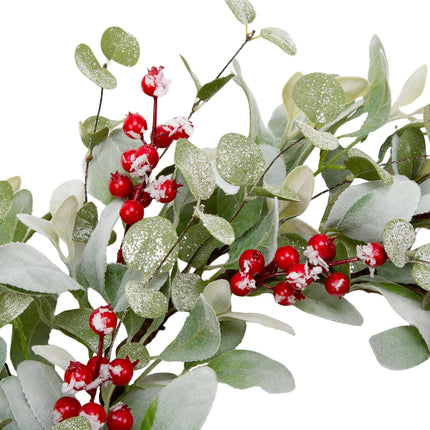 20 Inch Artificial Christmas Wreath Lambs Ear Leaves Door Wreath Winter Wreath with Artificial Snow Red Berries Christmas Decorations for Home Wall Window Decor