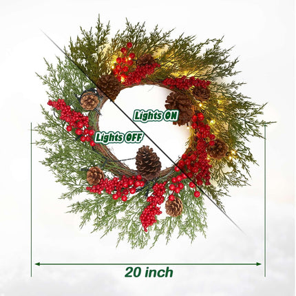 20 Inch Christmas Wreath with 50 Lights Timer (Battery Not Included) Small Christmas Wreaths for Front Door with Pine Cones Berries Christmas Door Wreath Winter Indoor Outdoor Wall Decoration
