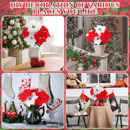 Riceshoot 18 Pcs Christmas Artificial Poinsettia Bushes 18 Inch Faux 5 Heads Poinsettia Bush Bouquets Velvet Artificial Christmas Flowers for Xmas Tree Home Indoor Outdoor Decorations (Red, White)