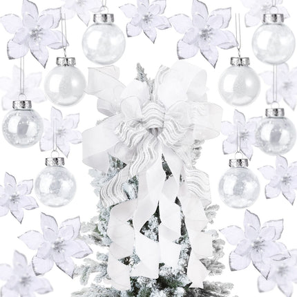 49 Pcs Christmas Tree Decoration Set Include Christmas Tree Topper, 24 Pcs Glitter Christmas Flowers 3 Sizes, 24 Pcs 2.36 Inch Christmas Ball Ornaments for Tree Holiday Party Decorations (White)