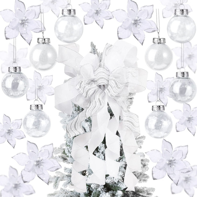 49 Pcs Christmas Tree Decoration Set Include Christmas Tree Topper, 24 Pcs Glitter Christmas Flowers 3 Sizes, 24 Pcs 2.36 Inch Christmas Ball Ornaments for Tree Holiday Party Decorations (White)