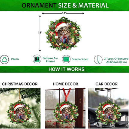Talataca Maine Coon Cat 2D Flat Christmas Ornament, Gato Maine Coon Wearing A Christmas Hat Wreath Pine Tree Decor, Hanging House Charm Eve Keepsake, Car Rear View Mirror Accessories, Xmas