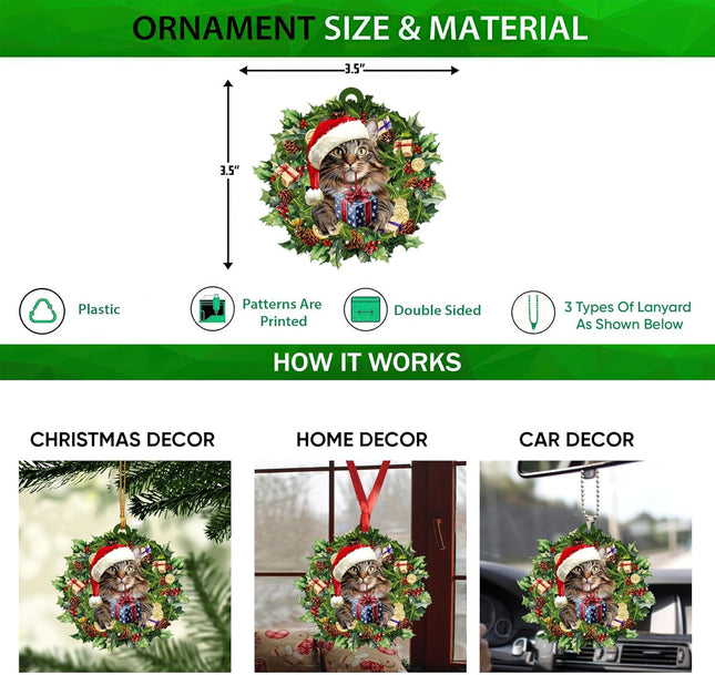 Talataca Maine Coon Cat 2D Flat Christmas Ornament, Gato Maine Coon Wearing A Christmas Hat Wreath Pine Tree Decor, Hanging House Charm Eve Keepsake, Car Rear View Mirror Accessories, Xmas