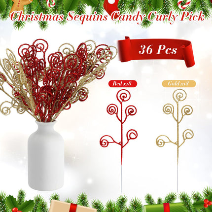 Lyrow 36 Pcs 12" Glitter Christmas Tree Picks Decoration Xmas Tree Curly Picks and Sprays Sequins Candy Shape Christmas Floral Pick for Home Vase Filler Garland (Red,Gold)