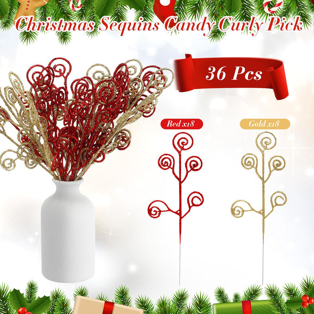 Lyrow 36 Pcs 12" Glitter Christmas Tree Picks Decoration Xmas Tree Curly Picks and Sprays Sequins Candy Shape Christmas Floral Pick for Home Vase Filler Garland (Red,Gold)