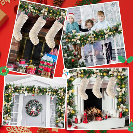 Meooeck 3 Sets 9 ft 150 LED Pre-Lit Artificial Christmas Garland with Gold Berries and Balls Pine Cone Flower and Battery Operated String Lights for Fireplace and Stair Railing,Total 27 ft