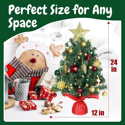Small Tabletop Christmas Tree 24 Inch /2FT Mini Xmas Christmas Tree with Warm-White Lights,Mini Table Top Christmas Tree with Hanging Ornaments and Star Treetop, Boxes for DIY Christmas Decoration