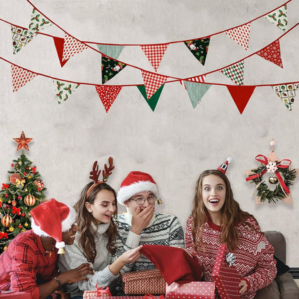 Zwiebeco 32Ft Christmas Pennant Banner Fabric Triangle Flags Garland Red Green White Cotton Bunting Banner for Xmas Party Birthday Wedding Christmas Year Fireplace Home Garden Outdoor Decorations