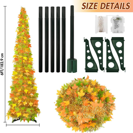 [ Timer ] 6Ft Lighted Fall Pop Up Tree - Artificial Fall Tinel Maple Tree with 100 Warm Lights, Battery Operated Collapsible Pencil Tinsel Fall Trees for Autum Harvest Thanksgiving Porch Home Decor