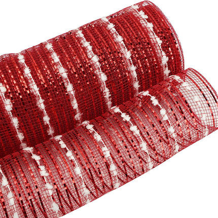 MEEDEE Snow Deco Mesh Ribbon Red Mesh Ribbon Red Deco Mesh 10 Inch Red Metallic Mesh with White Snow Balls for Wreaths Garland Decorating (30 Feet)