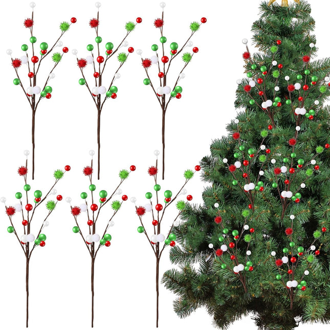 Hotop 6 Pcs 16 Inch Christmas Tree Picks Decorations Red Green Christmas Picks and Sprays Ornaments Floral Branches and Ball Picks for Holiday Xmas Tree Topper