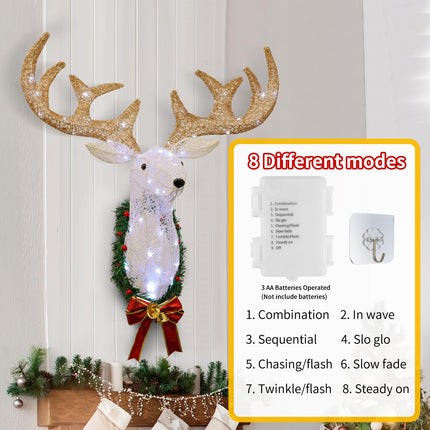 28 Inch Lighted Christmas Wall Decor Reindeer Head - Pre-Lit 3D Rudolph Hanging Wreath with Battery Operated LED Lights, 8 Lighting Modes for Indoor/Outdoor Festive Xmas Holiday Decoration
