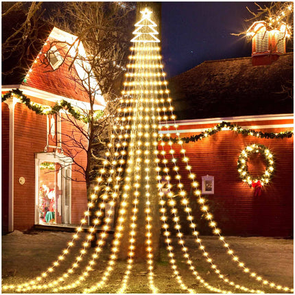420 LED Outdoor Christmas Decorations Star String Lights Waterproof String Lights with Christmas Tree Topper, 8 Lighting Modes Waterfall Lights for Tree Patio Garden Yard Party (Warm White)