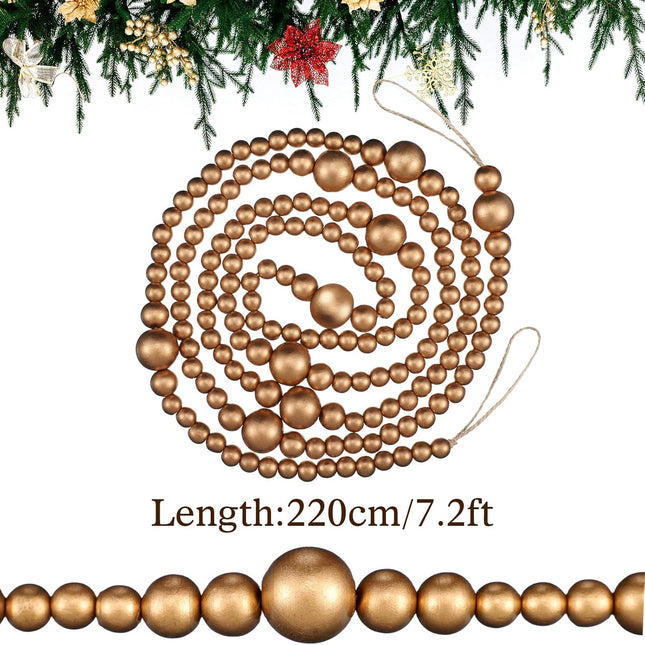 Bucherry 4 Pcs Christmas Wood Bead Garland 28.8 Feet Wooden Beaded Garland Boho Farmhouse Garland Farmhouse Home Decor Hanging Decorations Ornaments for Xmas Tree Wall, 7.2 Feet/ 1 Pcs (Golden)