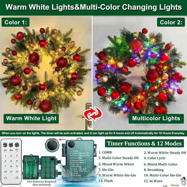 Remote Control-26 Inch Large Thick Prelit Christmas Wreath, Realistic Norfolk PE Pine 50 Warm White&Color Switch Lights Timer 12 Mode, 33 Ball Pine Needles Cypress Leaves Xmas Cedar Door Wreath Decor
