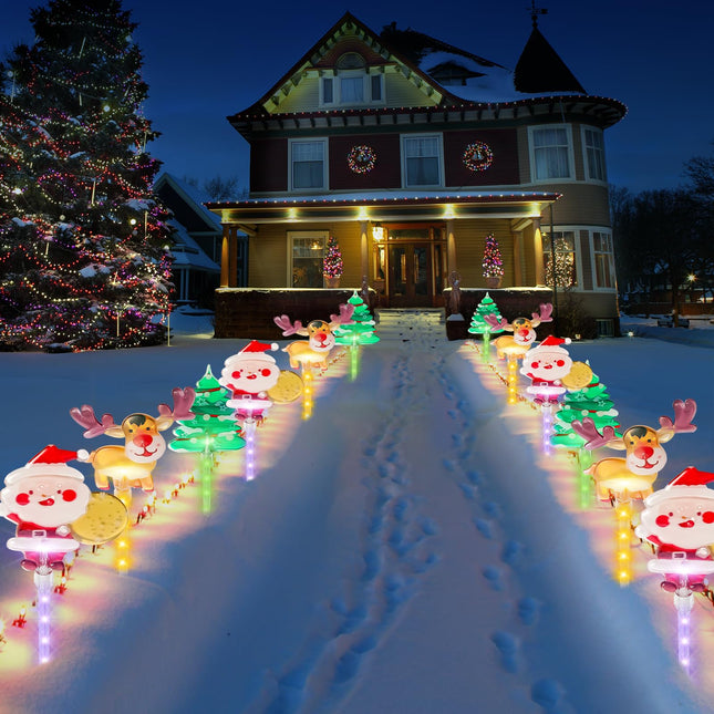 12 Pcs Solar Christmas Pathway Lights, Xmas Garden Stake Lights Outdoor Decorations, Lighted Figurine Lights of Snowman, Santa, Reindeer, 8 Modes, Walkway Entrance Lawn Yard Decor