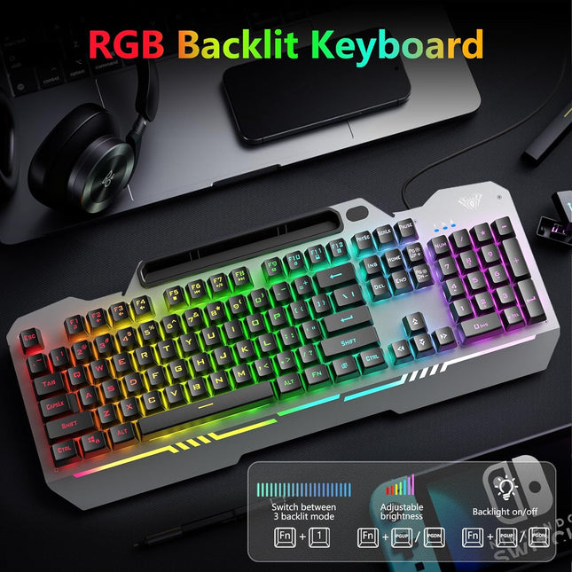 AULA Gaming Keyboard, 104 Keys Gaming Keyboard and Mouse Combo with Rainbow Backlit Quiet Computer Keyboard, All-Metal Panel, Waterproof Light Up PC Keyboard, USB Wired Keyboard for MAC Xbox PC Gamers