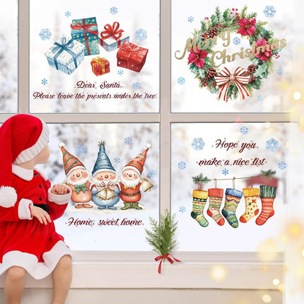 Christmas Gnome Wall Decals Peel and Stick, Boxes Stockings Wreaths Wall Stickers, Christmas Wall Decor Art for Kids Bedroom Living Room Party Door Window Shop Decoration