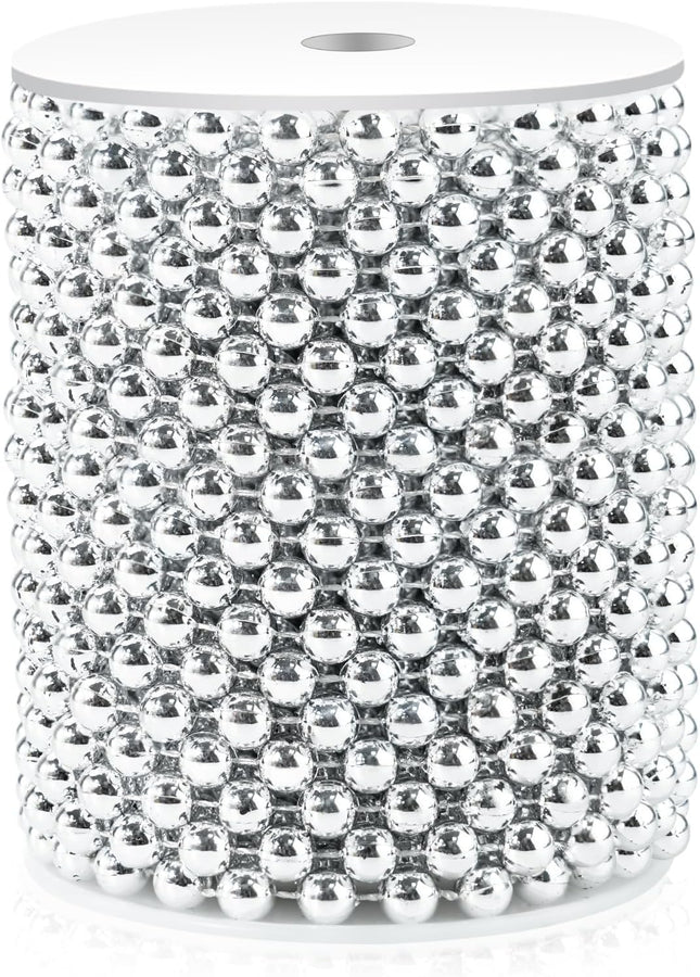 53 Feet Christmas Tree Beads Garland, 8mm Artificial Silver Beaded Garland for Christmas Tree DIY, Faux Pearl Strings Bead Roll for Christmas Wreath, Wedding Party, Christmas Tree Decoration(Silver)