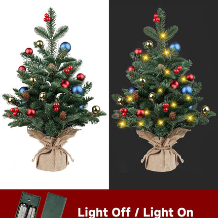 24 Inch Pre-lit Artificial Mini Christmas Tree, Vlorart Christmas Tree Tabletop Small Christmas Tree with Lights Includes Colored Balls, Berries, Pine Cones, and Cloth Bag Base