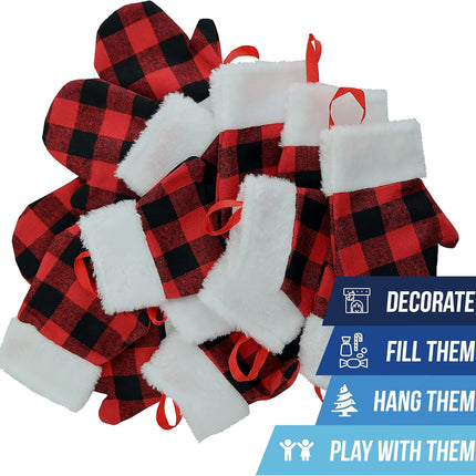 Iconikal Buffalo Plaid Mini Mitten Christmas Stockings 24 Pack, Festive Holiday Decor for Tree, Wreath, Mantle - Seasonal Xmas Stocking Ornaments