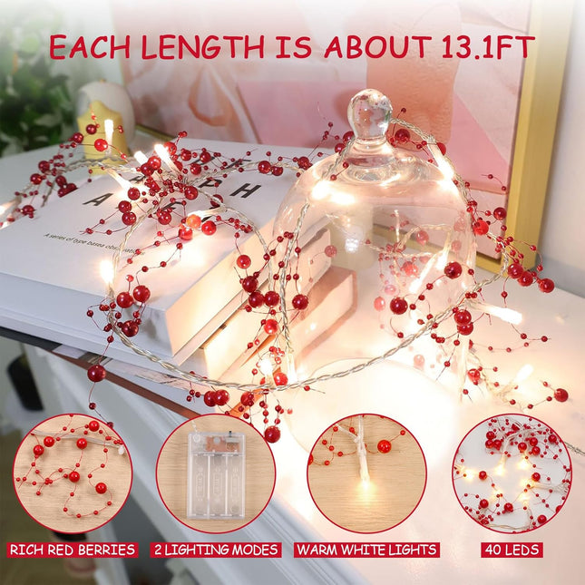 Waipfaru Christmas Garland with Lights, Lighted Berry Garland, 13.1FT Christmas Tree Garland, Christmas Decorations Indoor for Home Outdoor Gate Table Fireplace Year Decor, Red