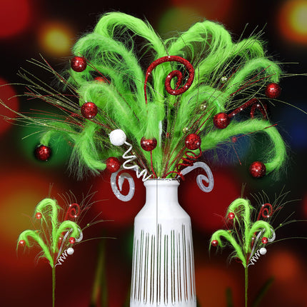 6 Pcs Whimsical Green Furry Christmas Tree Picks Decorations Christmas Woolen Curly Pick 20” Furry Spiral Curly Sprays Artificial Glitter Berry Stems for Xmas Tree Topper Wreath Crafts