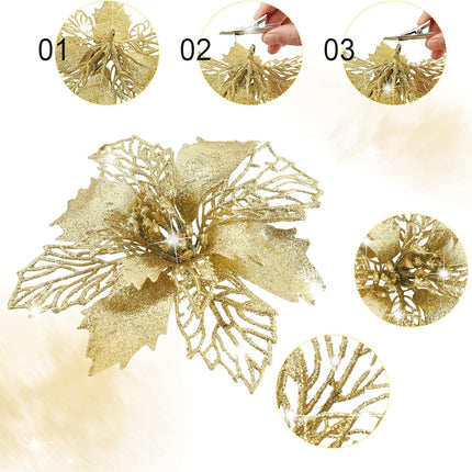 Whaline 24Pcs Christmas Poinsettia with 24Pcs Clips 4 Design Glitter Gold Artificial Flower Winter Party Supplies for Xmas Tree Ornament Wedding Birthday Wreath Decoration