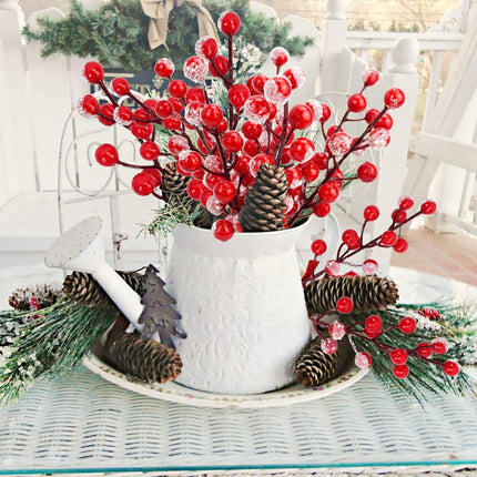 24 PCS Artificial Holly Berry Stems, 21cm Frosted Red Beery Stems Picks for Christmas Tree DIY Supplies Flower Wreath Craft Xmas Garland Home Table Centerpiece Decoration