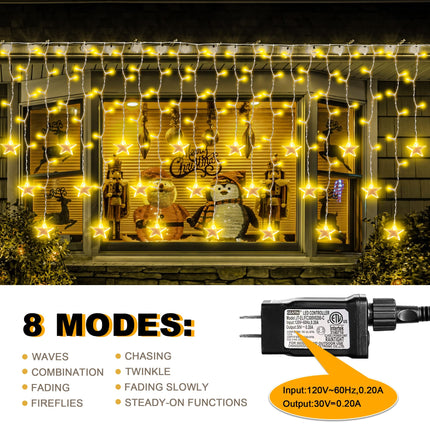 kemooie 150 LED Icicle Christmas Lights with Star, 8 Twinkle Modes Waterproof Icicle Lights Outdoor, 30 Drops Christmas Lights for Indoor Outdoor Balcony Patio Christmas Decorations (Warm White)