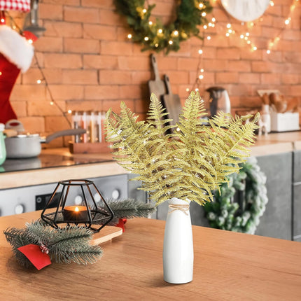 Xinnun Christmas Glitter Leaves Artificial Tropical Leaf Christmas Tree Sprays Glitter Leaf Garland Flashing Christmas Picks DIY Bouquet Stem Floral Branches for Wedding Xmas Wreath (Gold,48 Pcs)